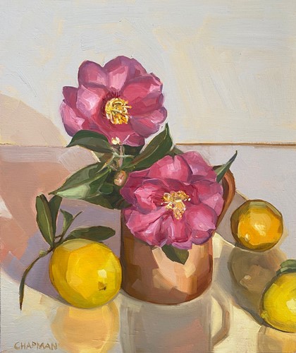 Freshly Picked Pink Camellias and Lemons