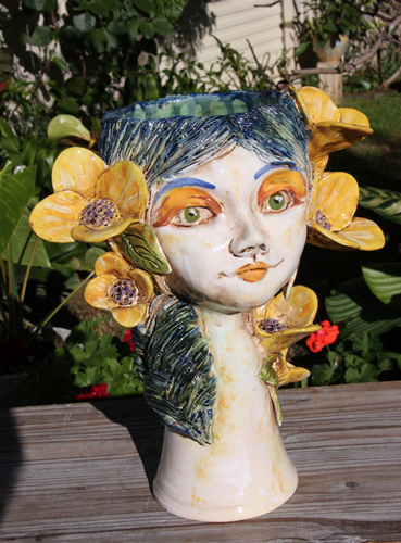 Pot Head Large Blue Hair and Yellow Flowers
