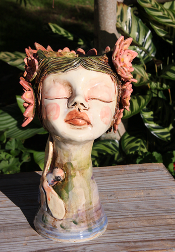 Small Pot Head with pink flowers and dragonfly friend