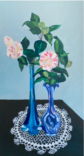 Camellias in Blue Glass