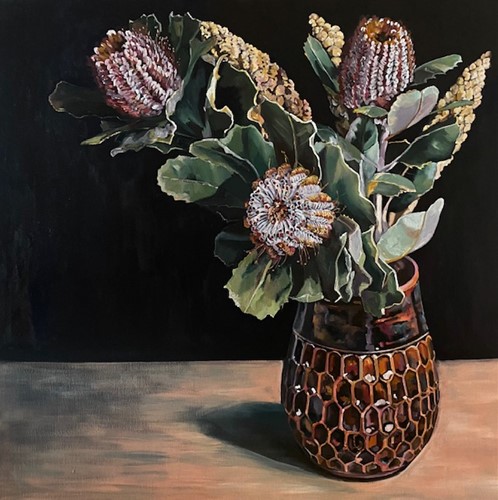 Banksias in Ceramic Vase, Dark Background by Emma Nancarrow 