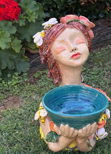 Small Garden Girls with Bird bath bowl (BLUE BOWL)