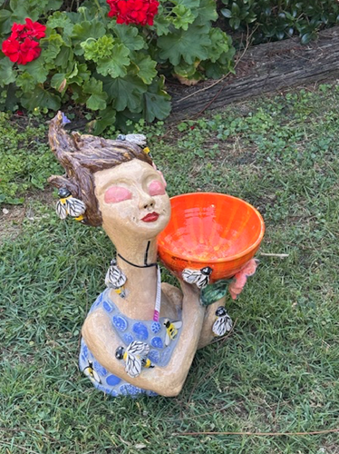 Small Garden Dweller with ORANGE bird bath bowl