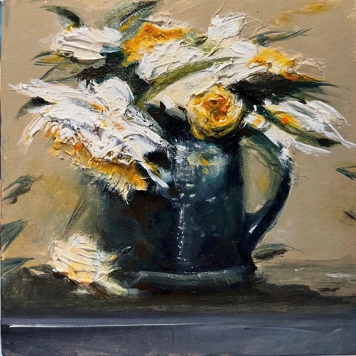 Yellow Flowers in Tin Jug